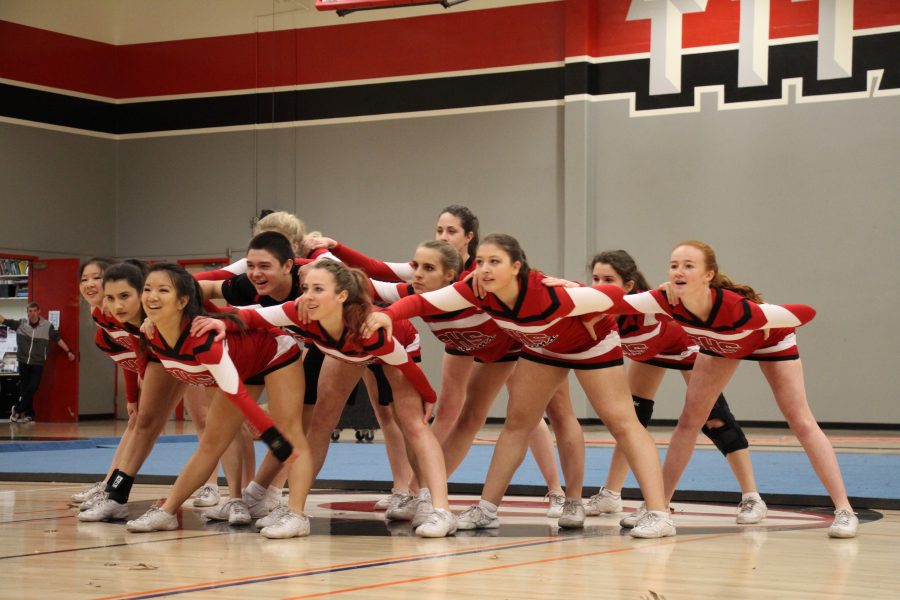 Last year's cheer team performs its Paly Rally number. This year's routine, along with dance's routine, will be postponed. Photo by Alexandra Ting