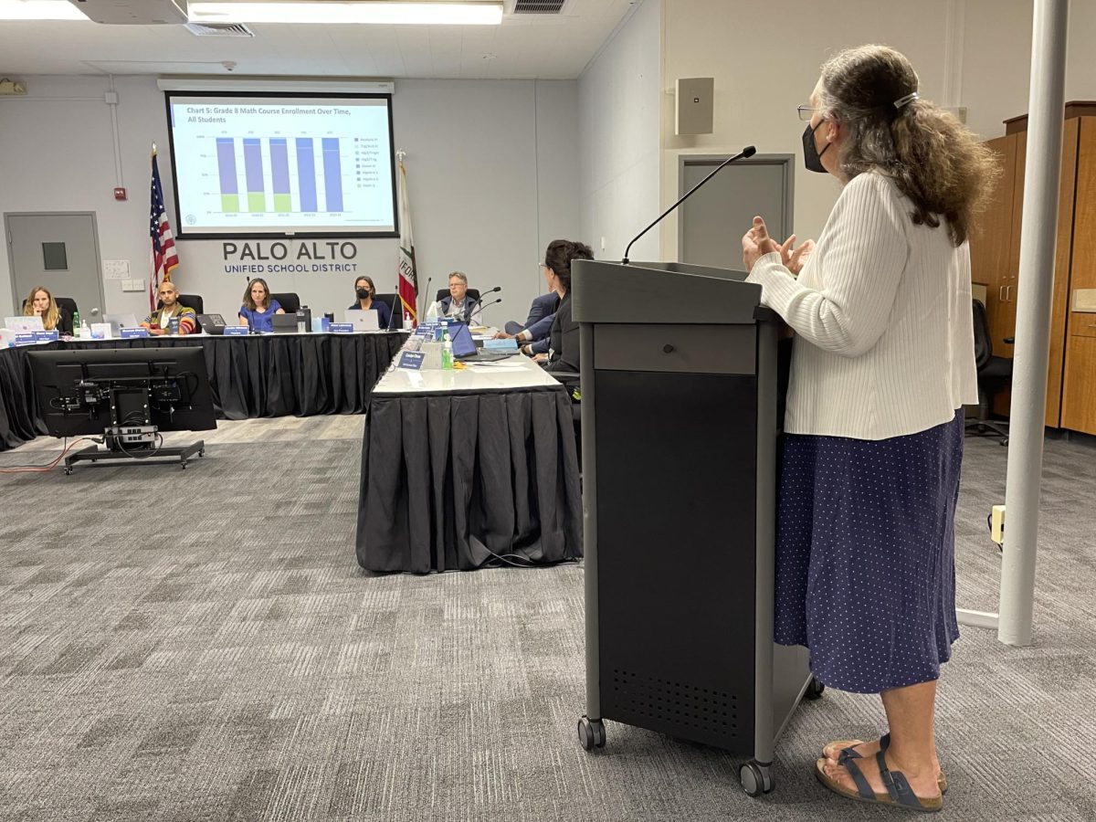 Ellen Fletcher Middle School Math Instructional Lead Becky Rea presents student data regarding the Reimagining Middle School Mathematics program to the school board.