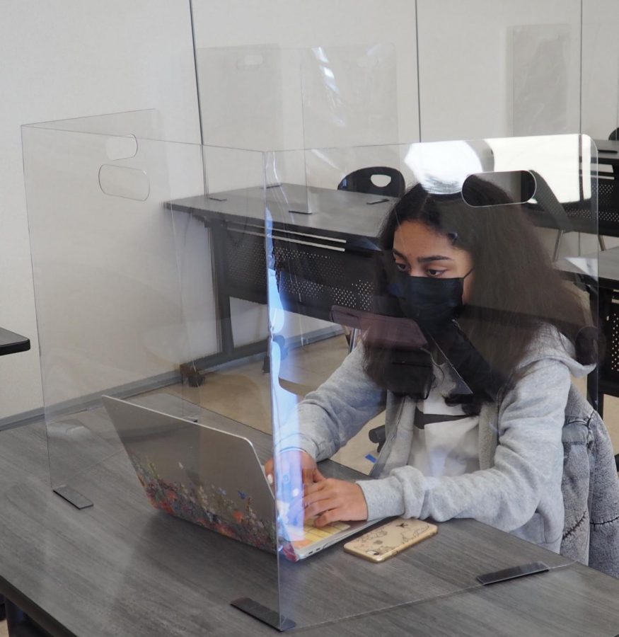 Freshman Lise Desveaux attends classes behind plexiglas. 