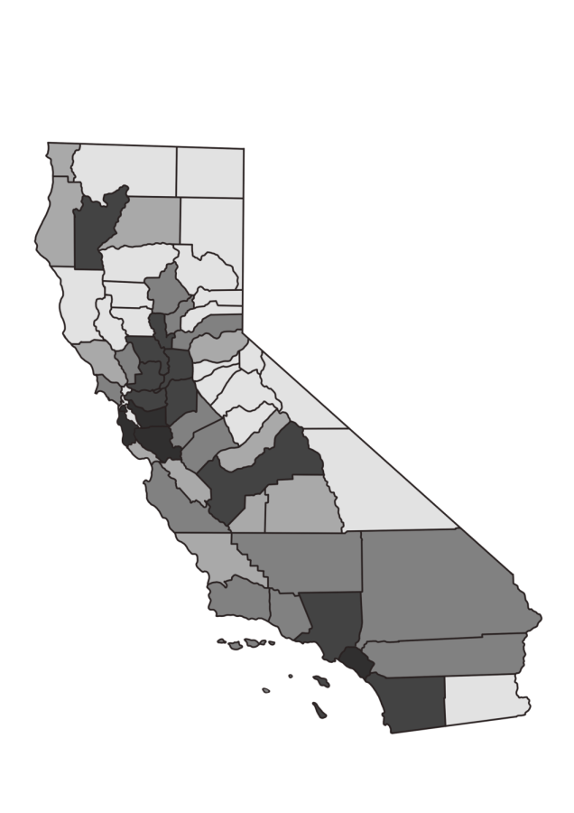 The darkest areas on this map represent Asian population densities of 20% or greater. 